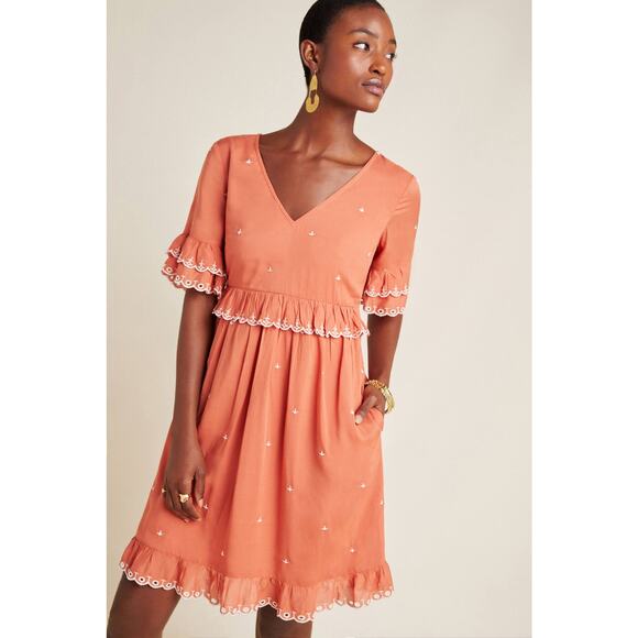 New Anthropologie Samia Ruffled Embroidered Tunic Mini Dress $170 SIZE 6 Rose - Picture 1 of 3